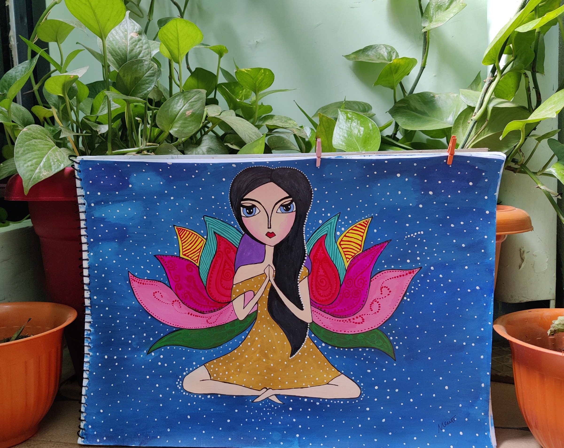 Seated figure with lotus aura on a starry indigo ground.
