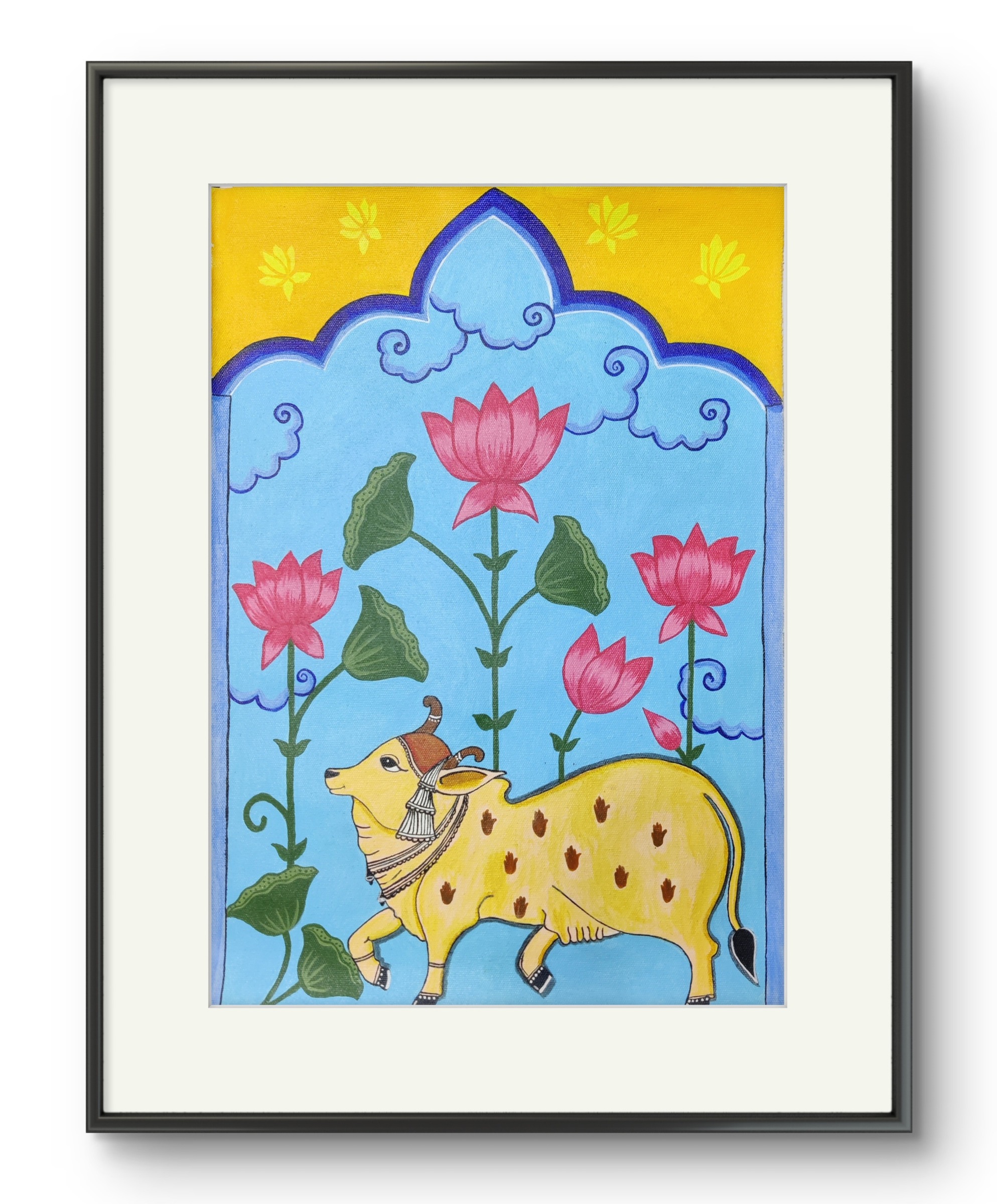 Spotted cow grazing among lotuses under a scalloped arch.