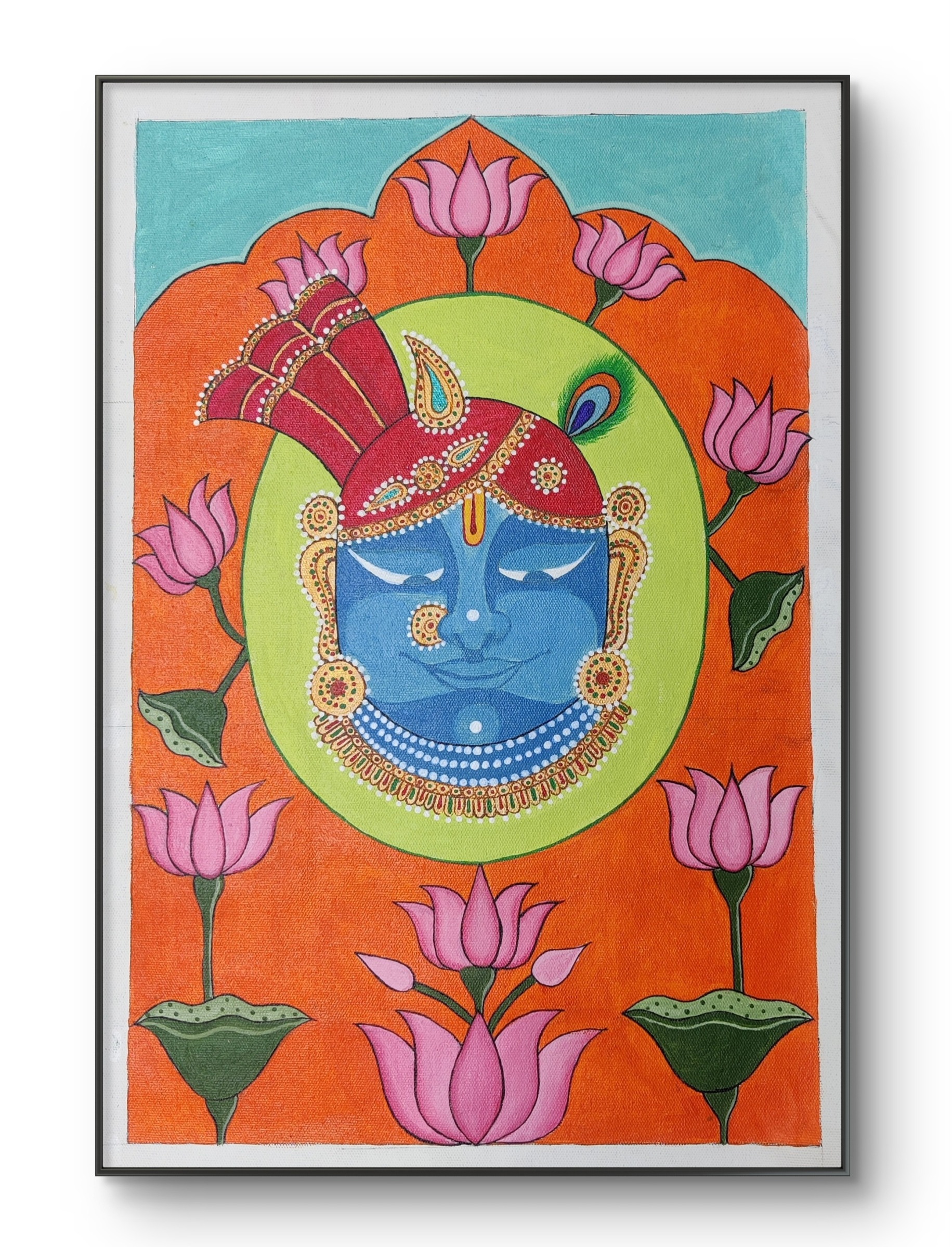 Blue-faced Shrinathji bordered by lotuses, in Pichwai-Nathdwara style.